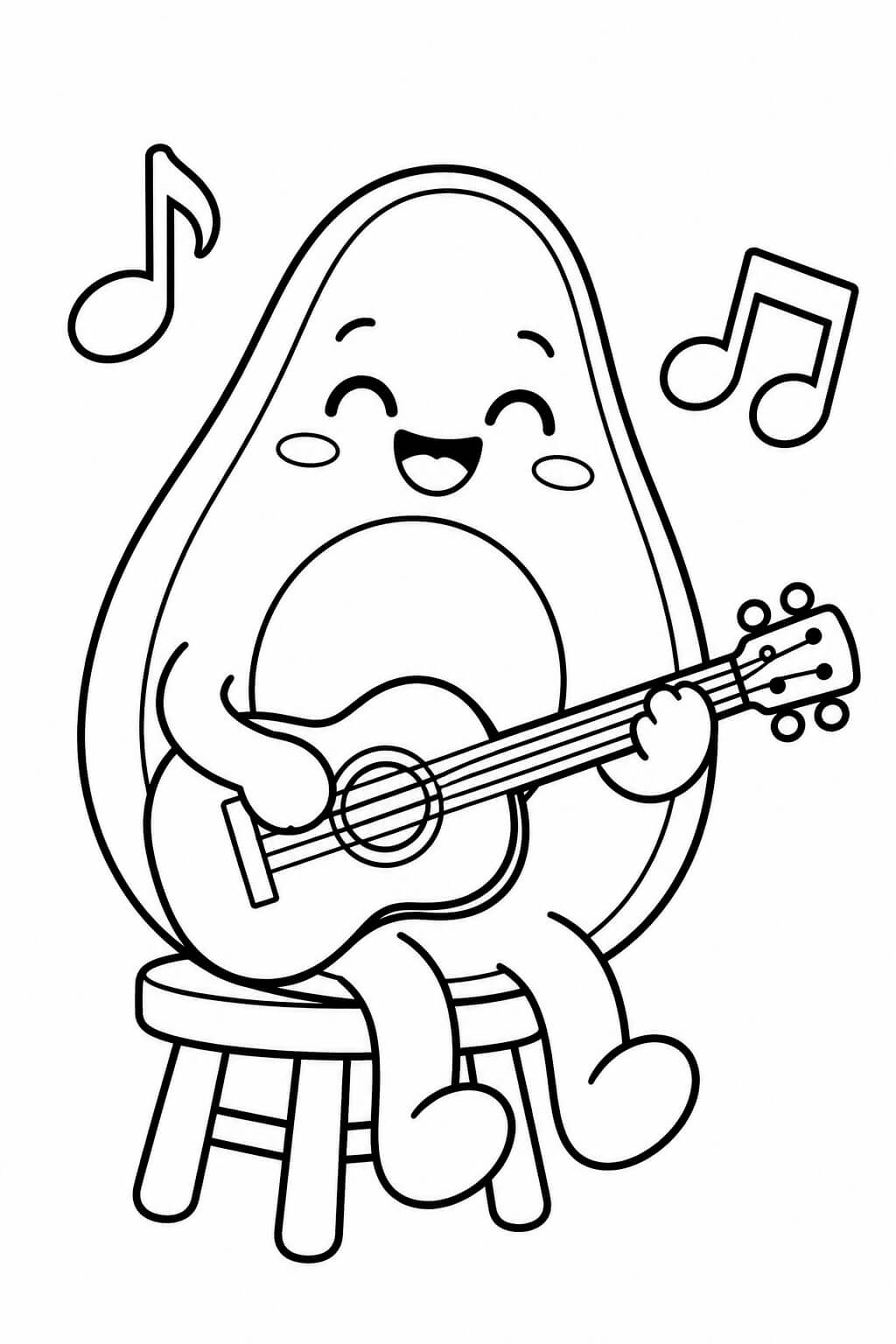 Avocado mit Gitarre Ausmalbild – einfache Malvorlage für Kinder