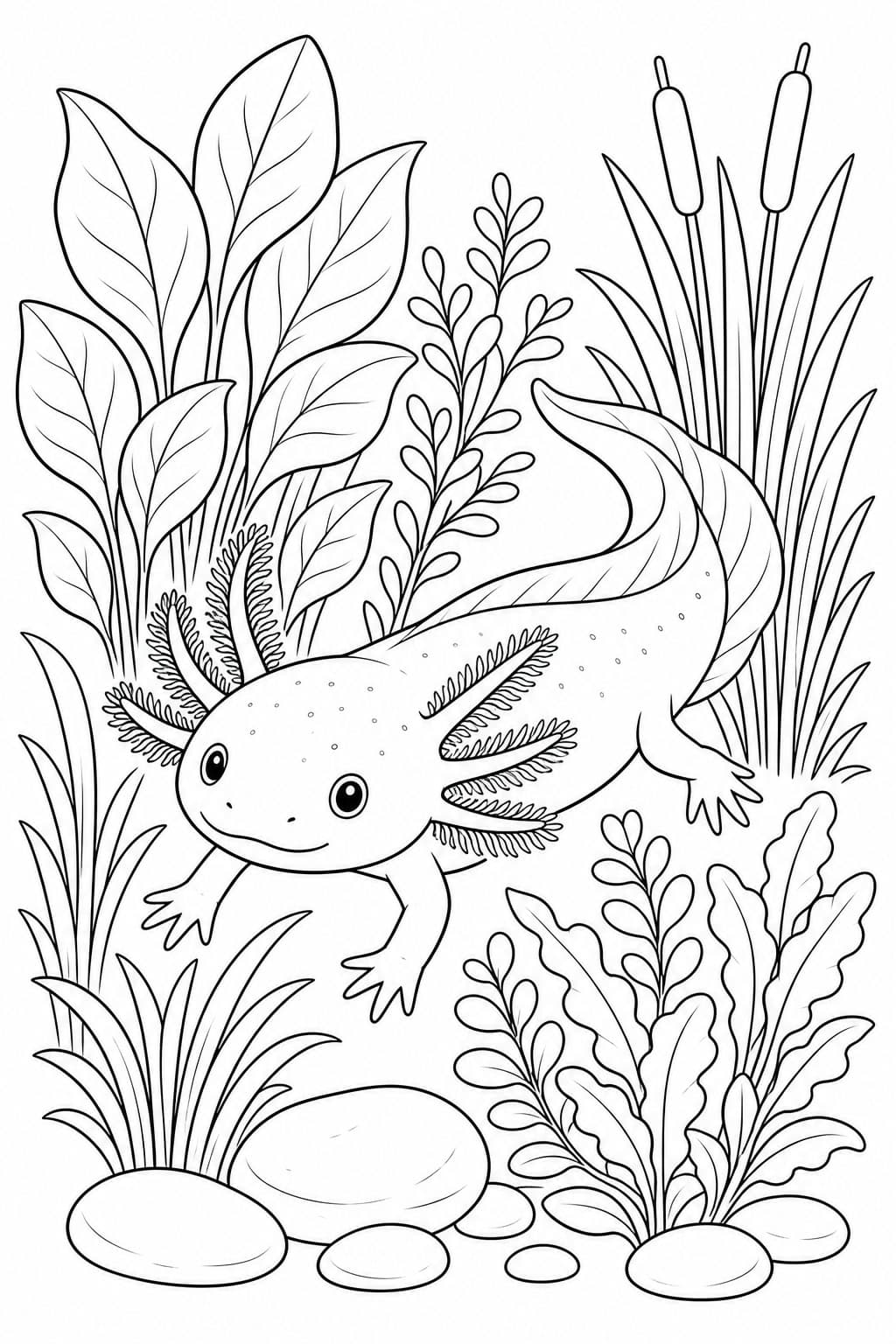 Axolotl mit Wasserpflanzen Ausmalbild