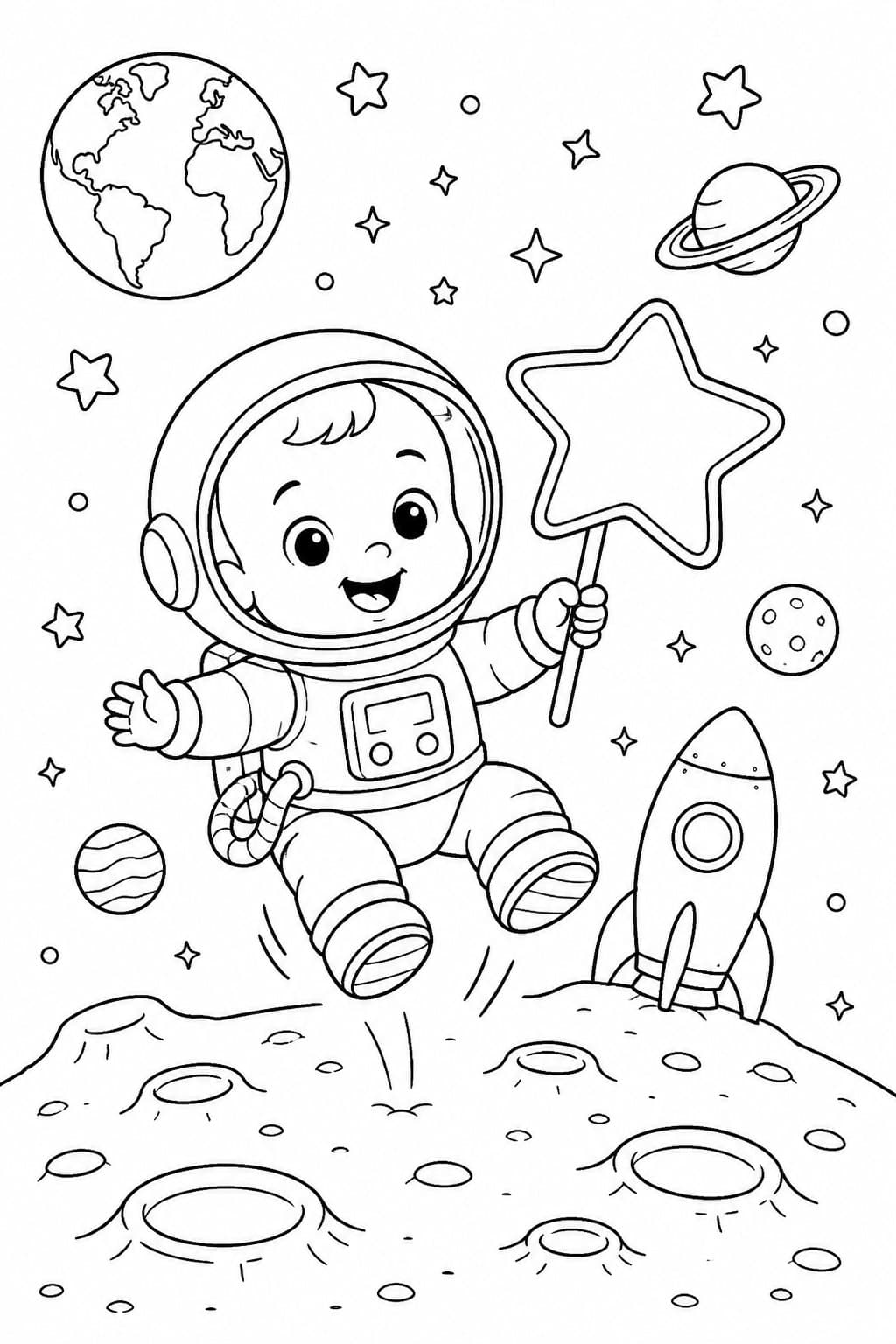 Baby Astronaut auf dem Mond Ausmalbild