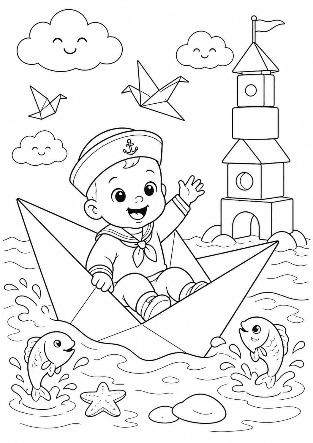 Baby im Papierboot Ausmalbild