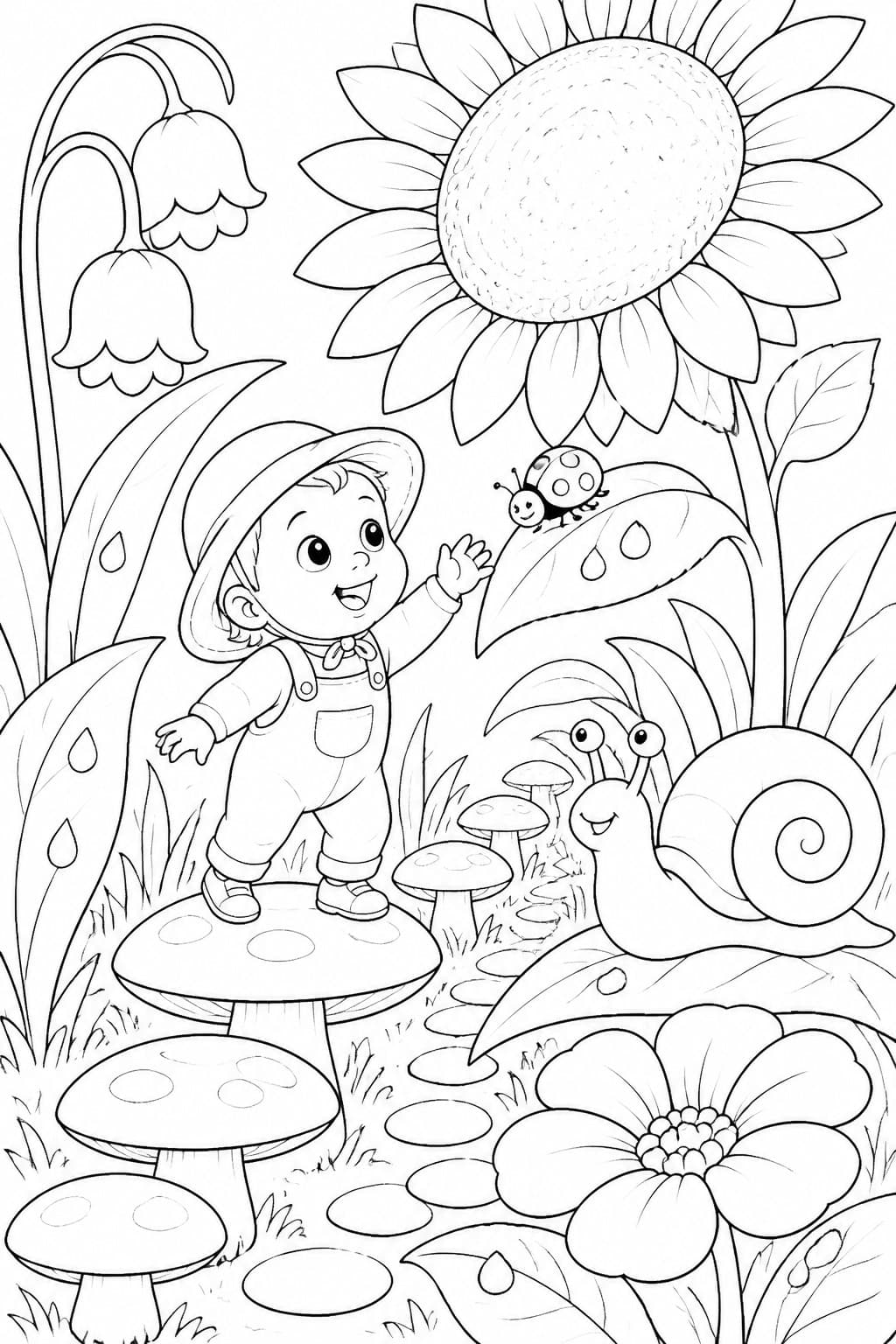 Baby im Riesengarten Ausmalbild
