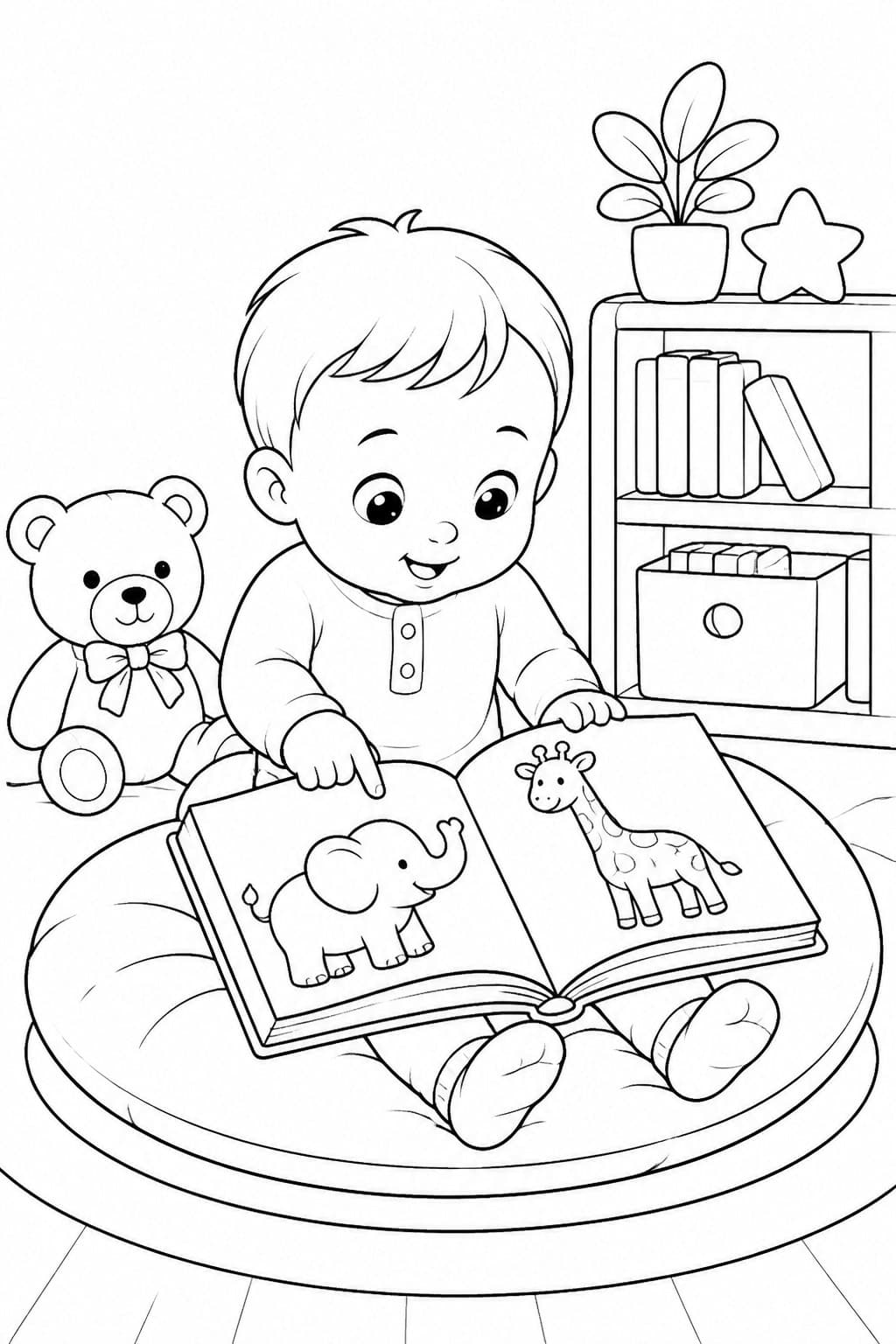 Baby liest ein Buch Ausmalbild