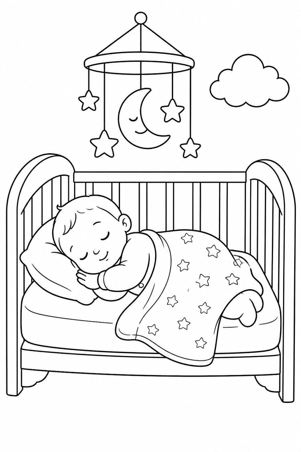 Schlafendes Baby im Kinderbett Ausmalbild