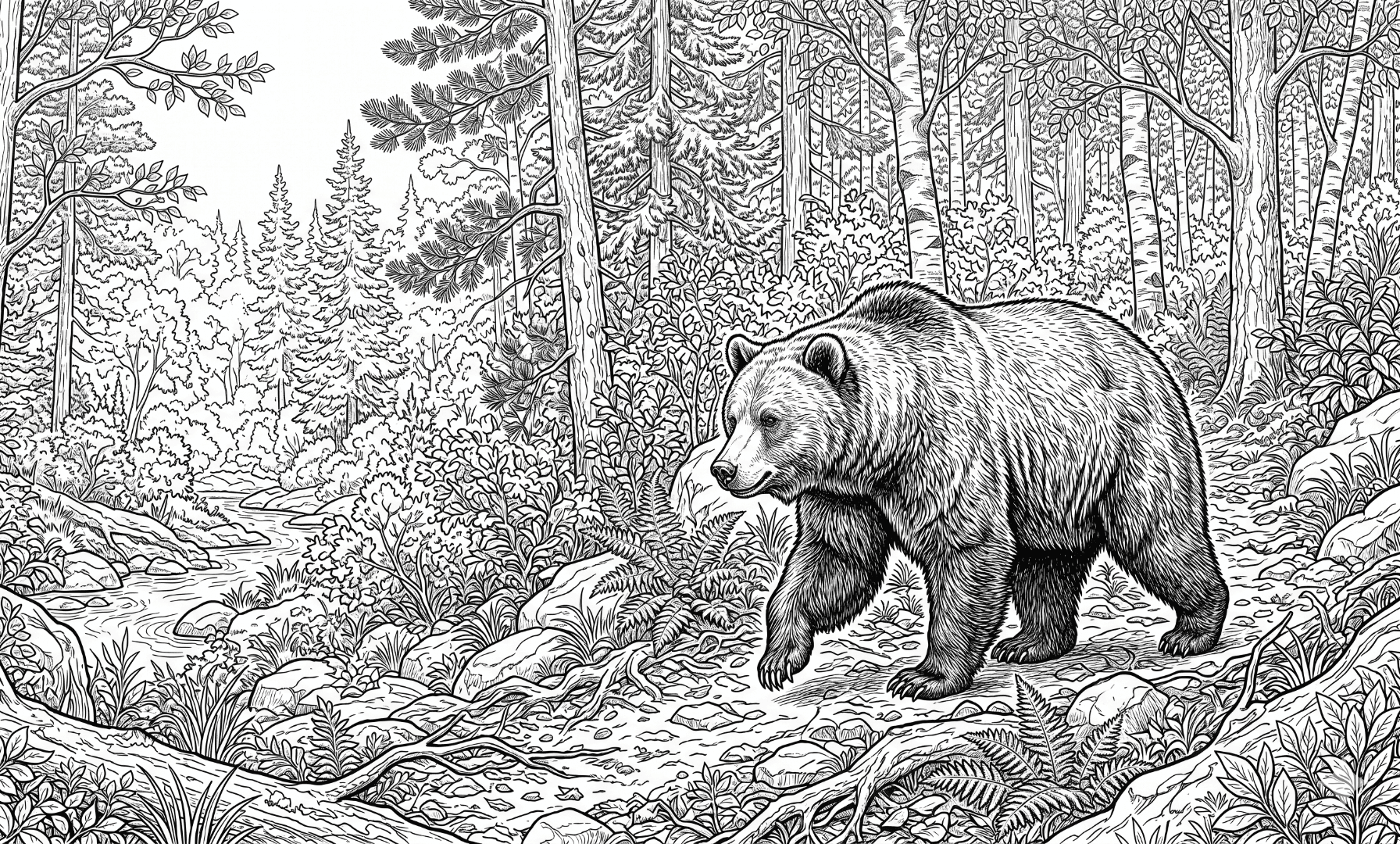 Realistischer Bär im Wald Ausmalbild