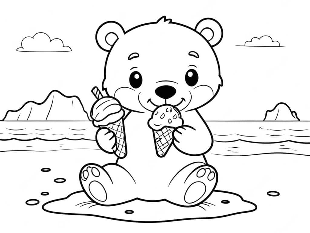 Bär am Strand mit Eiscreme Ausmalbild