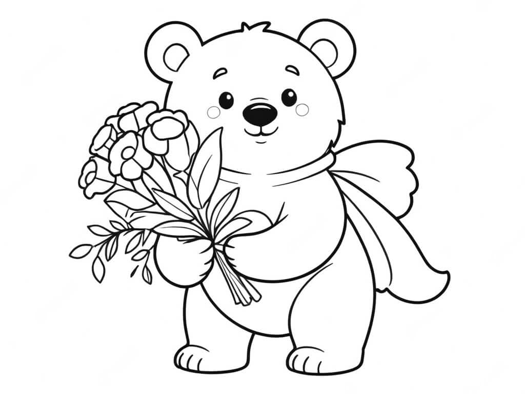 Bär mit Blumen Ausmalbild