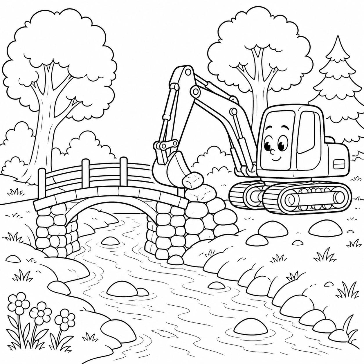 Bagger beim Brückenbau Ausmalbild