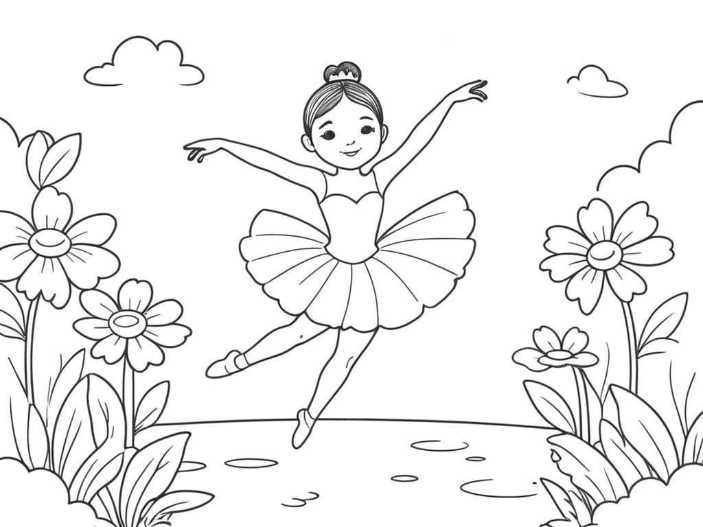 Ballerina auf Blumenwiese Ausmalbild