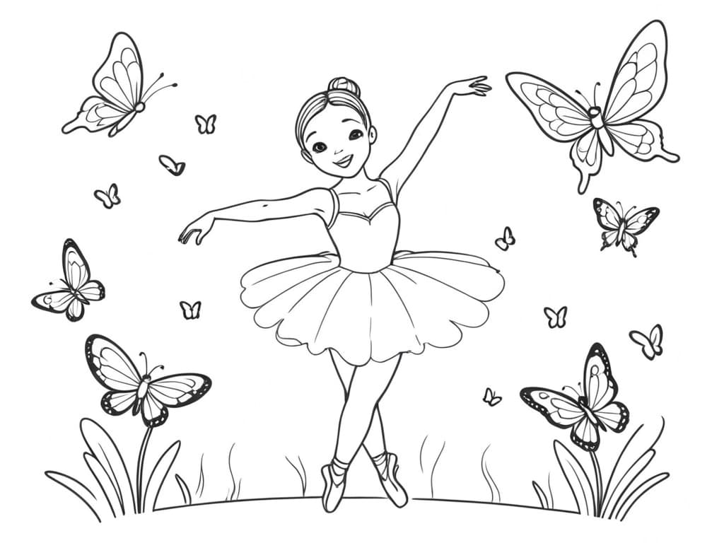 Ballerina tanzt mit Schmetterlingen Ausmalbild