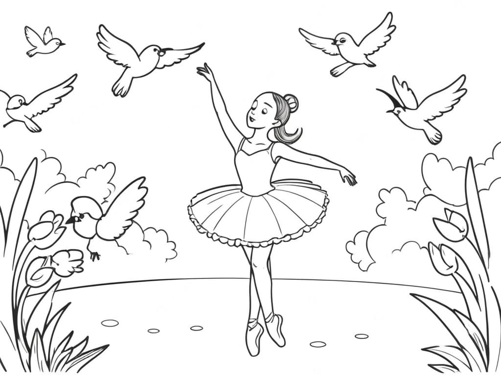 Ballerina und Vögel Ausmalbild