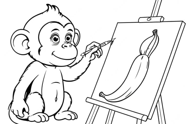 Affe malt eine Banane Ausmalbild