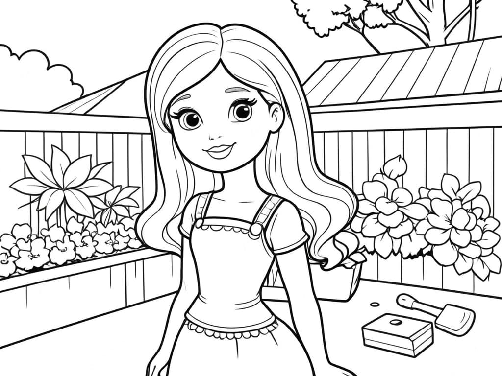 Barbie im Blumengarten Ausmalbild