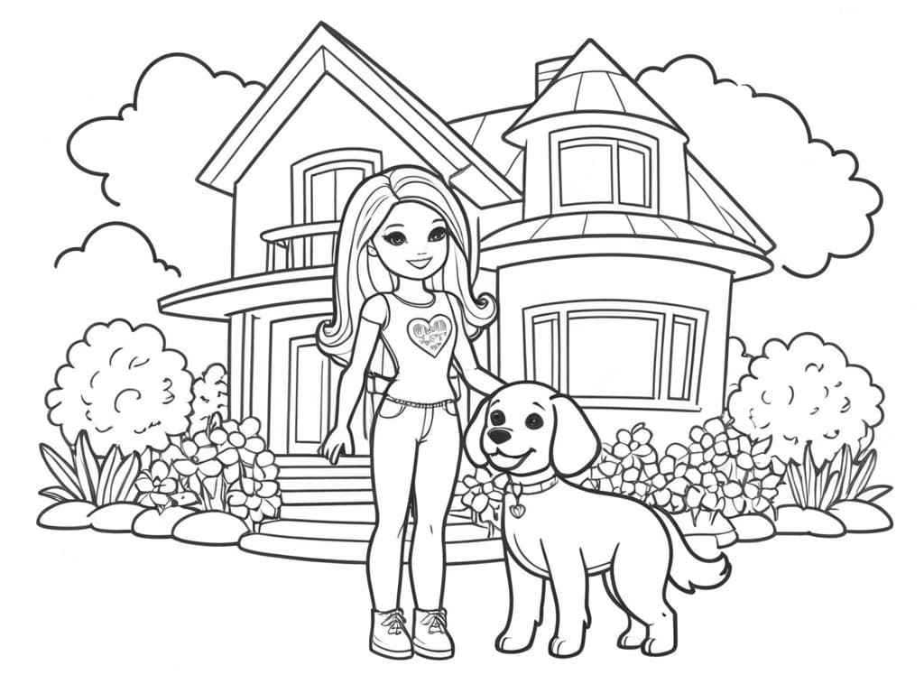 Barbie mit Hund im Wohnzimmer Ausmalbild