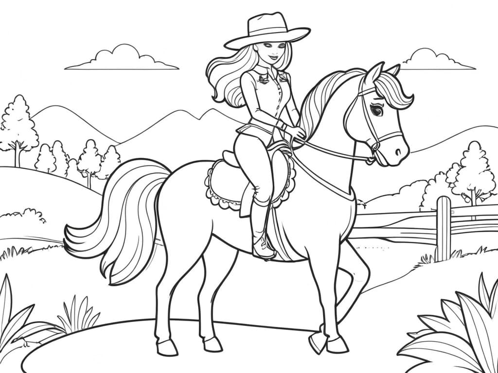 Barbie mit Hut und Pferd Ausmalbild