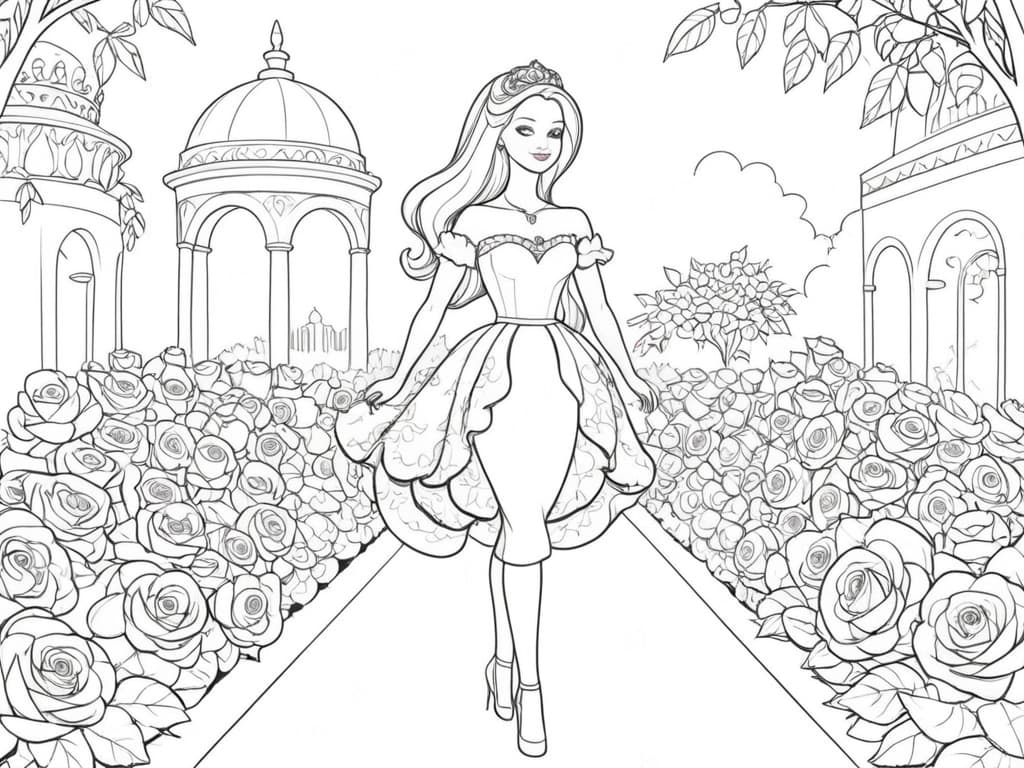 Barbie Prinzessin im Blumenfeld Ausmalbild