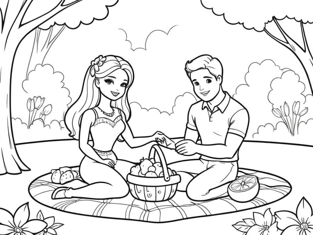 Barbie und Ken beim romantischen Picknick Ausmalbild