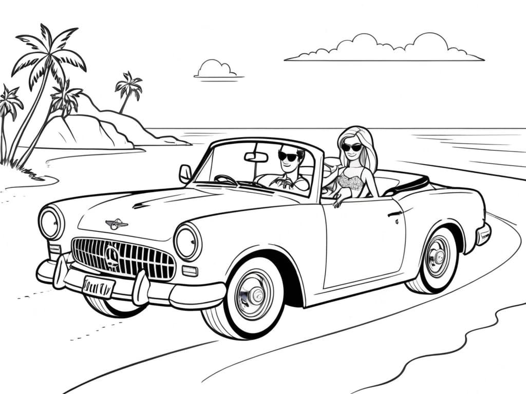 Barbie und Ken im Sport-Cabrio Ausmalbild
