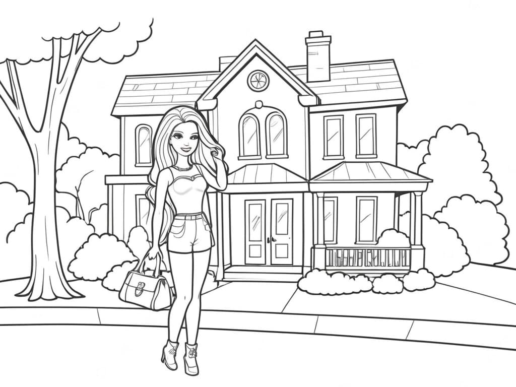 Barbie vor ihrem Haus Ausmalbild