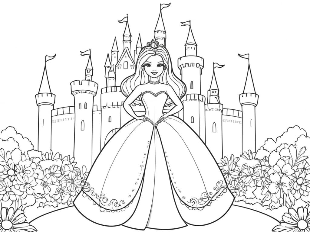 Barbie vor ihrem Märchenschloss Ausmalbild