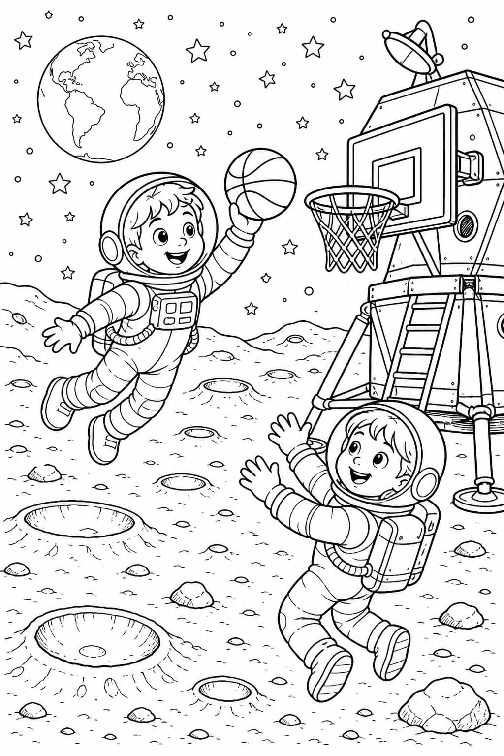 Basketballspiel auf dem Mond Ausmalbild