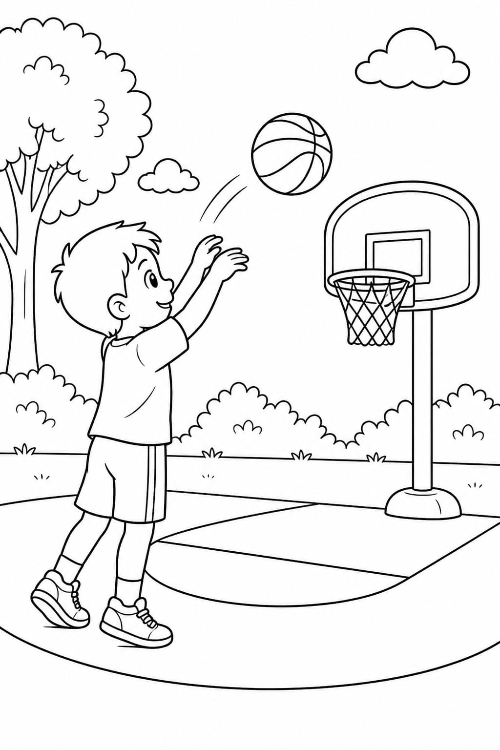 Kind wirft auf den Basketballkorb Ausmalbild