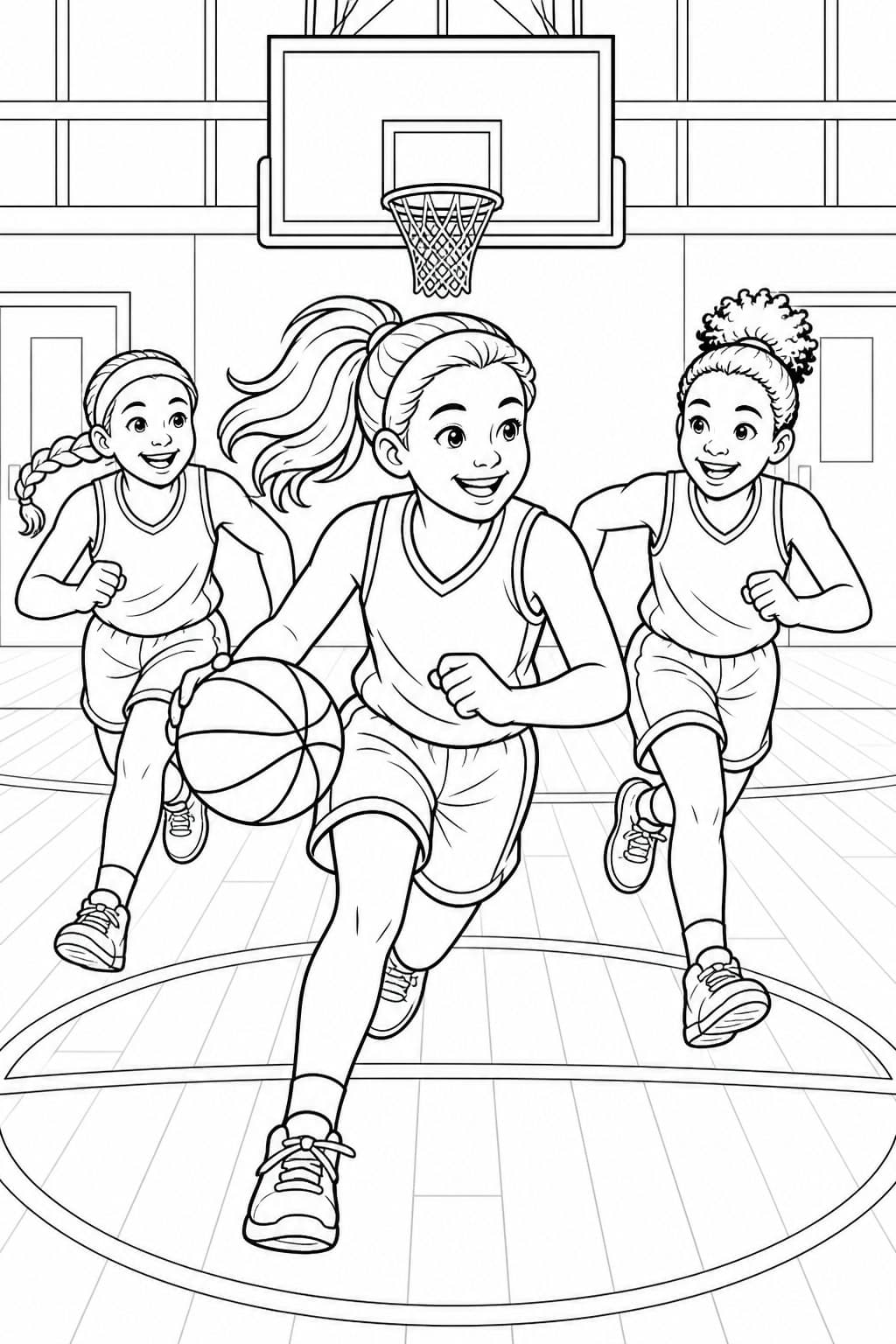 Mädchenmannschaft beim Basketball Ausmalbild