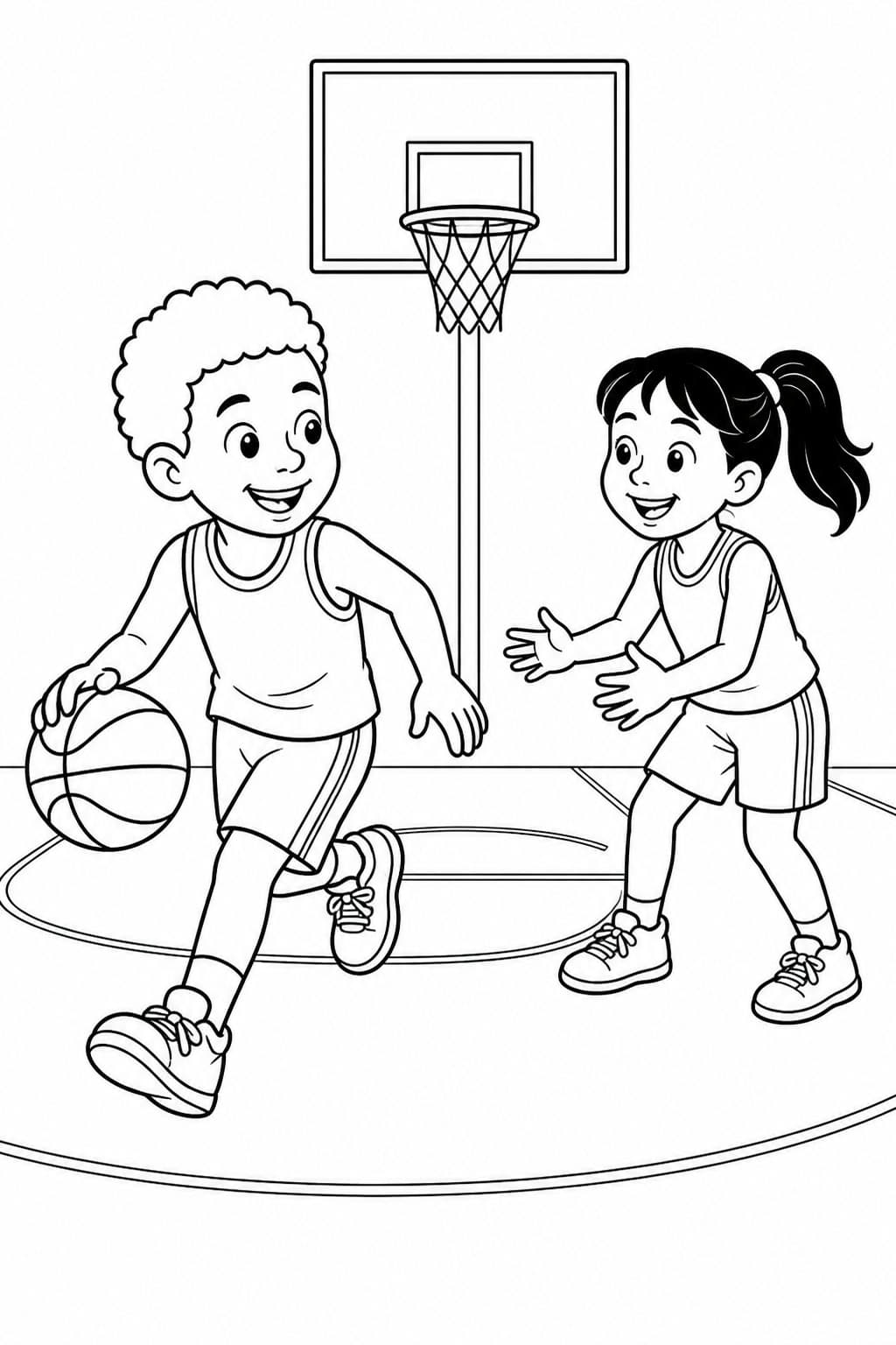 Zwei Kinder spielen Basketball Ausmalbild