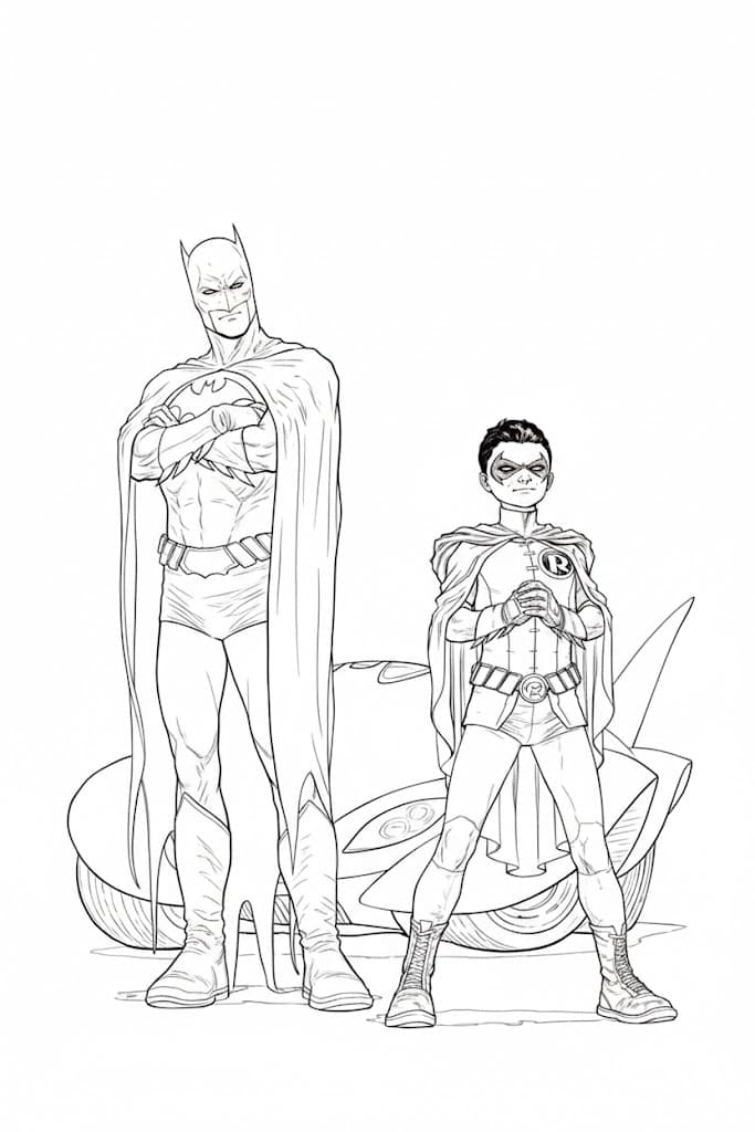 Batman, Robin und Batmobil Ausmalbild