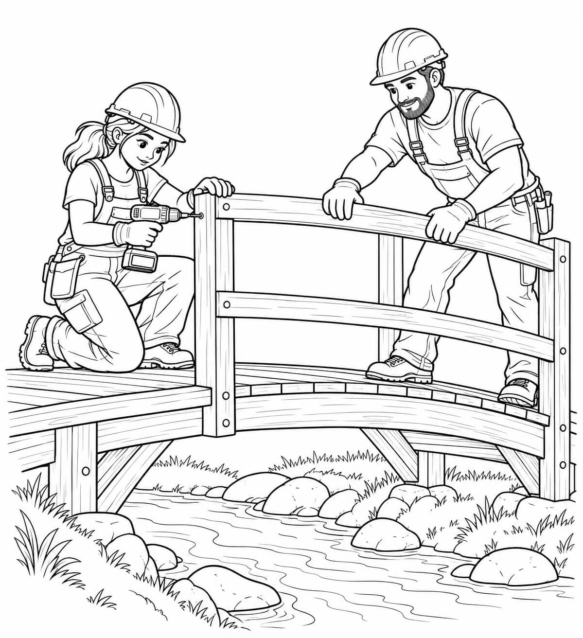 Bauarbeiterteam baut eine kleine Brücke – Ausmalbild in Schwarz-Weiß