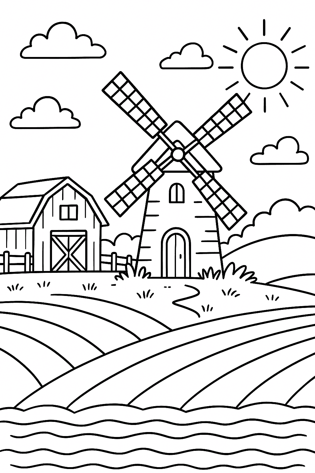 Bauernhof mit Mühle und Sonne Ausmalbild