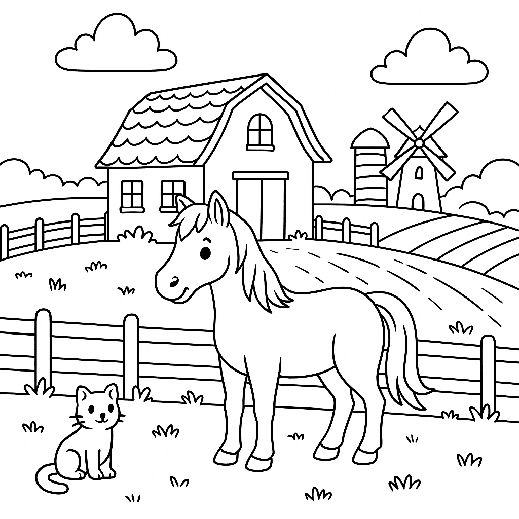 Bauernhof mit Pferd Ausmalbild