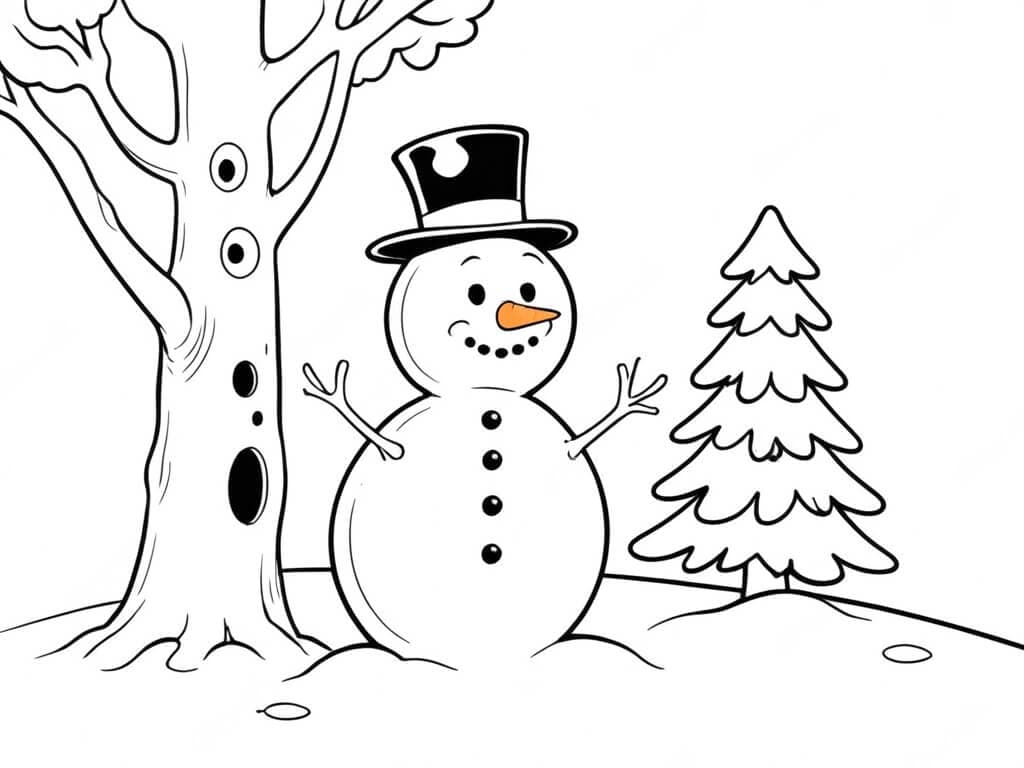 Baum mit Schneemann Ausmalbild