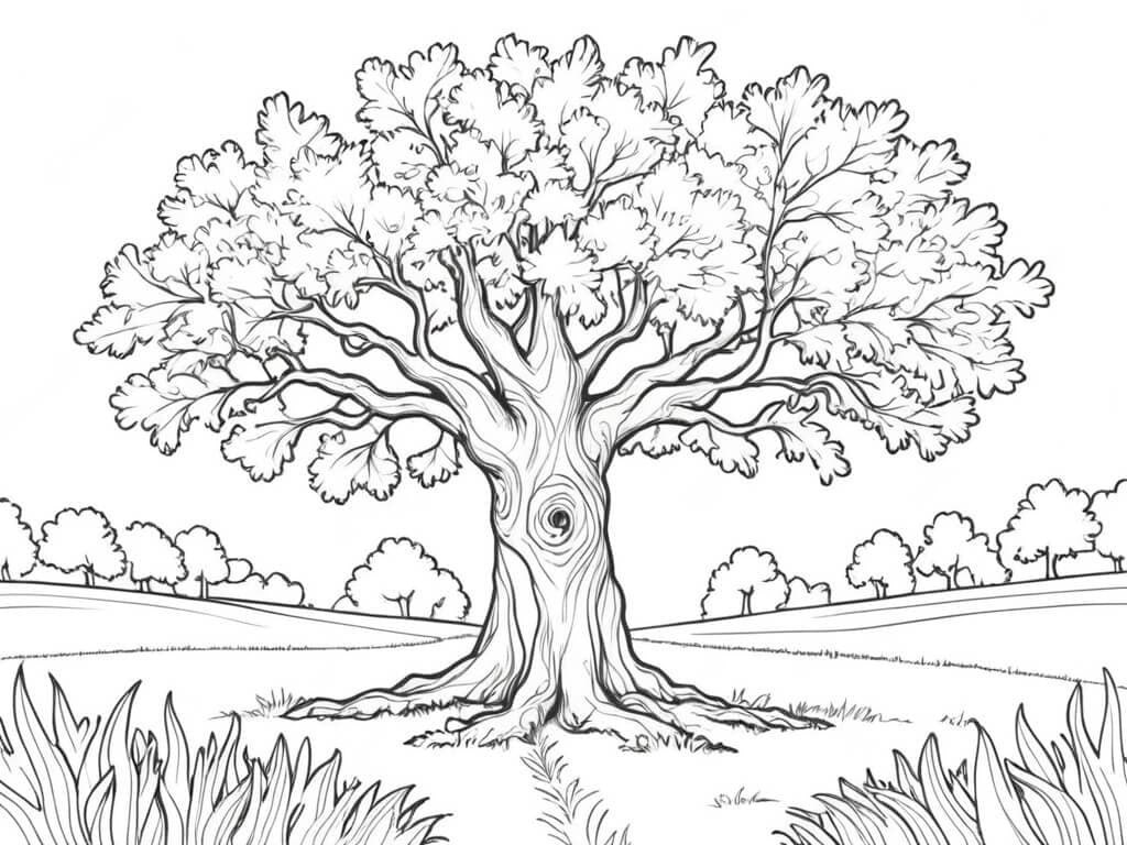 Eichenbaum auf Wiese Ausmalbild