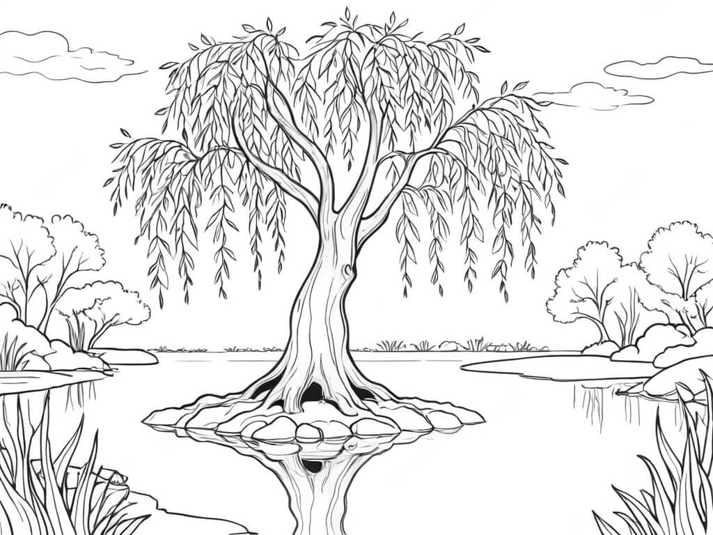 Weidenbäume am See Ausmalbild