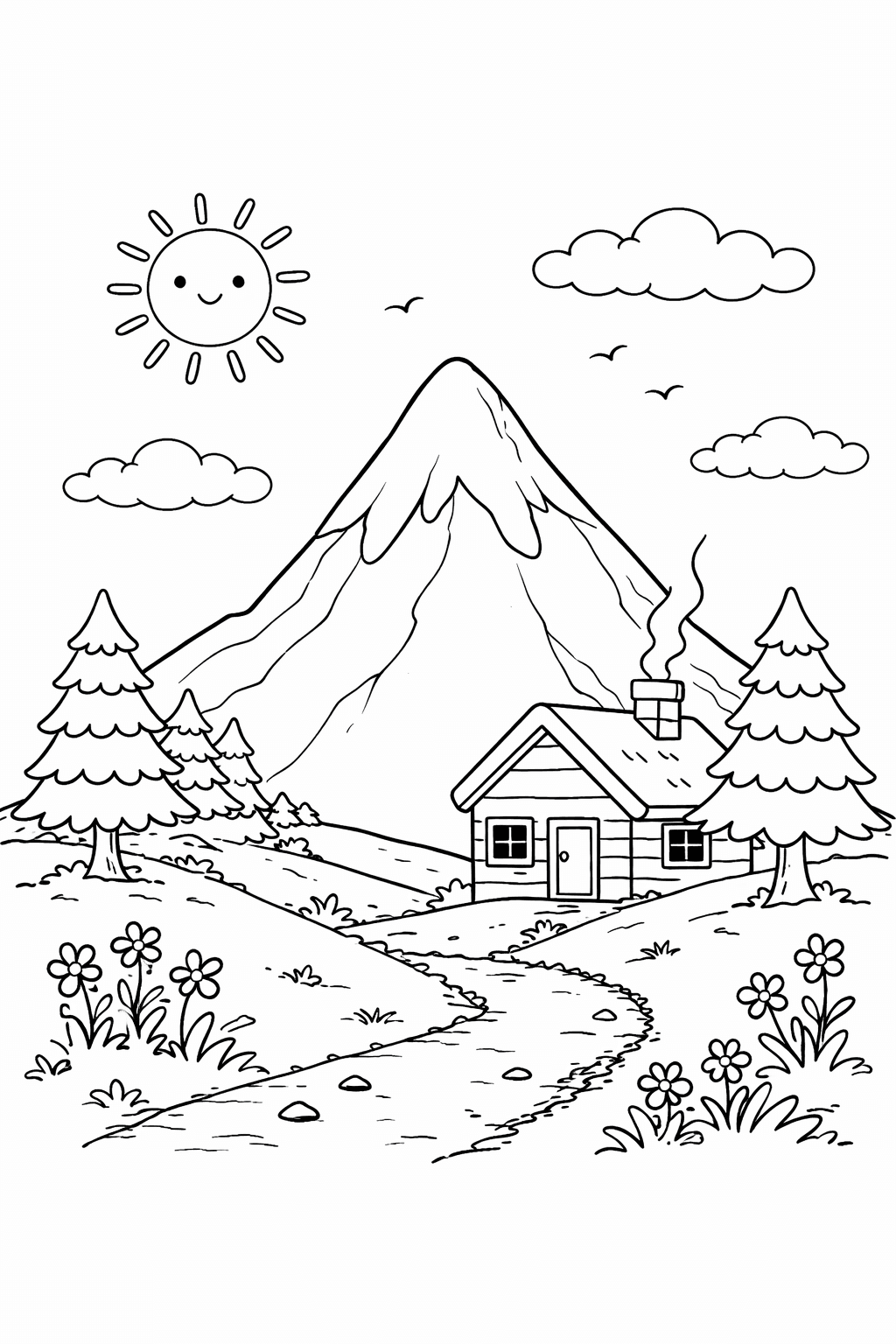 Berg mit Hütte Ausmalbild