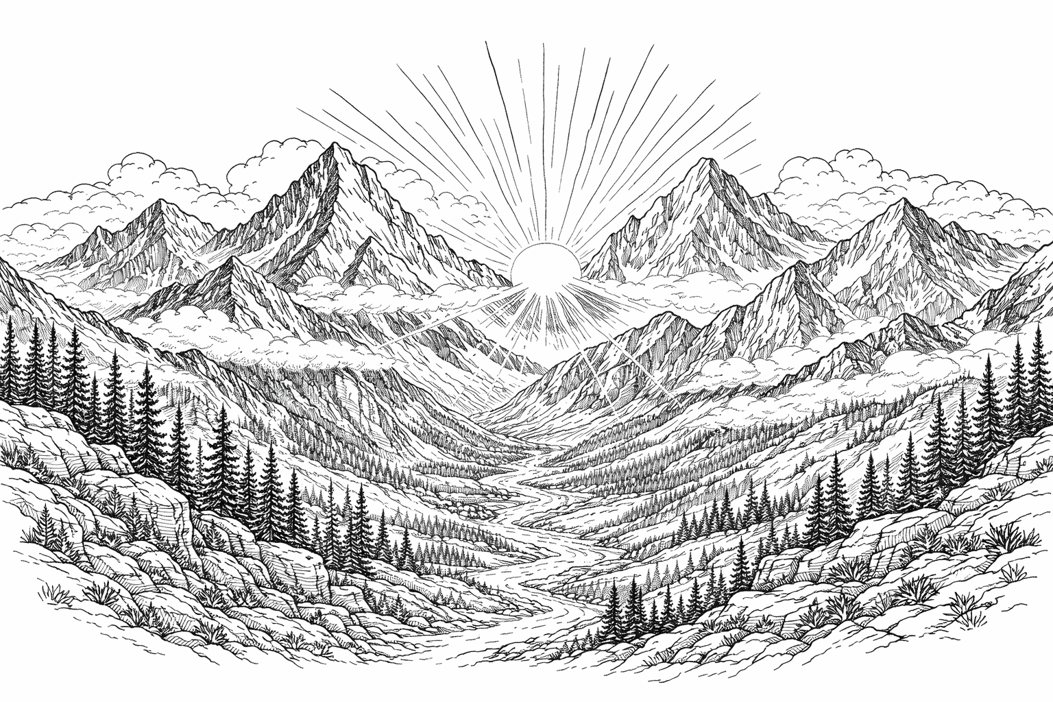 Berg-Sonnenaufgang Ausmalbild