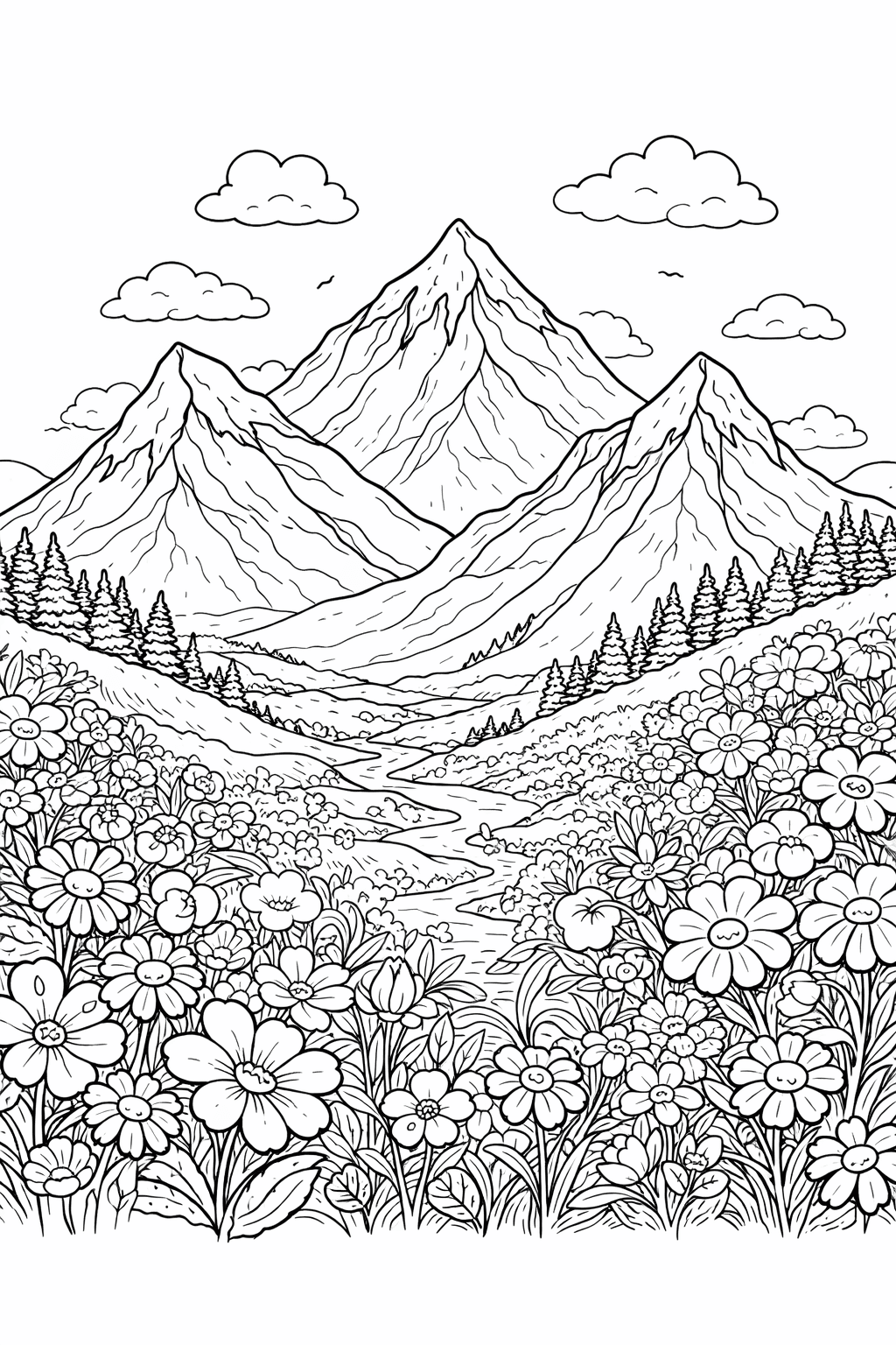 Berge und Blumen Ausmalbild