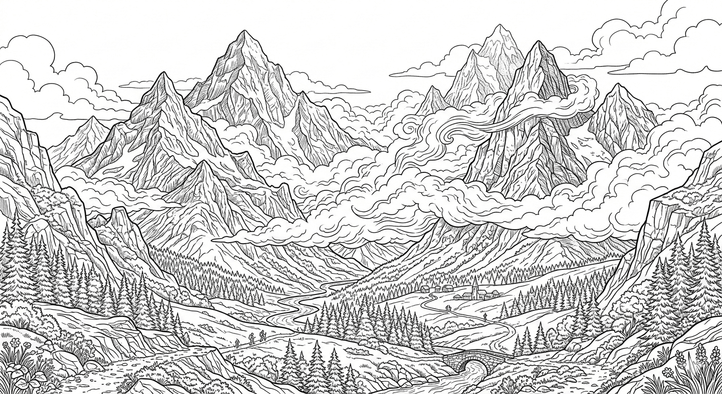 Berge und Wolken Ausmalbild