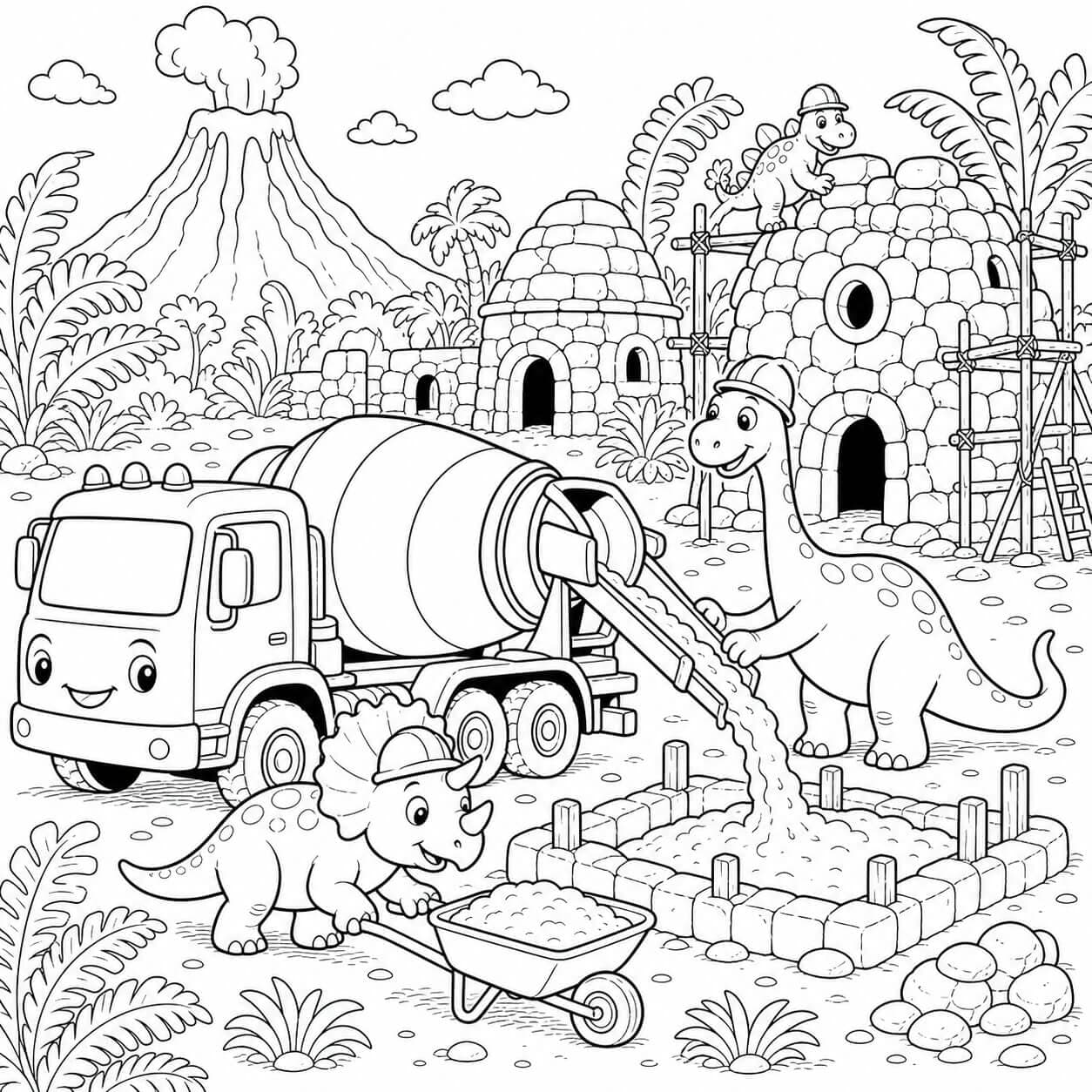 Betonmischer in der Dinosaurierstadt Ausmalbild