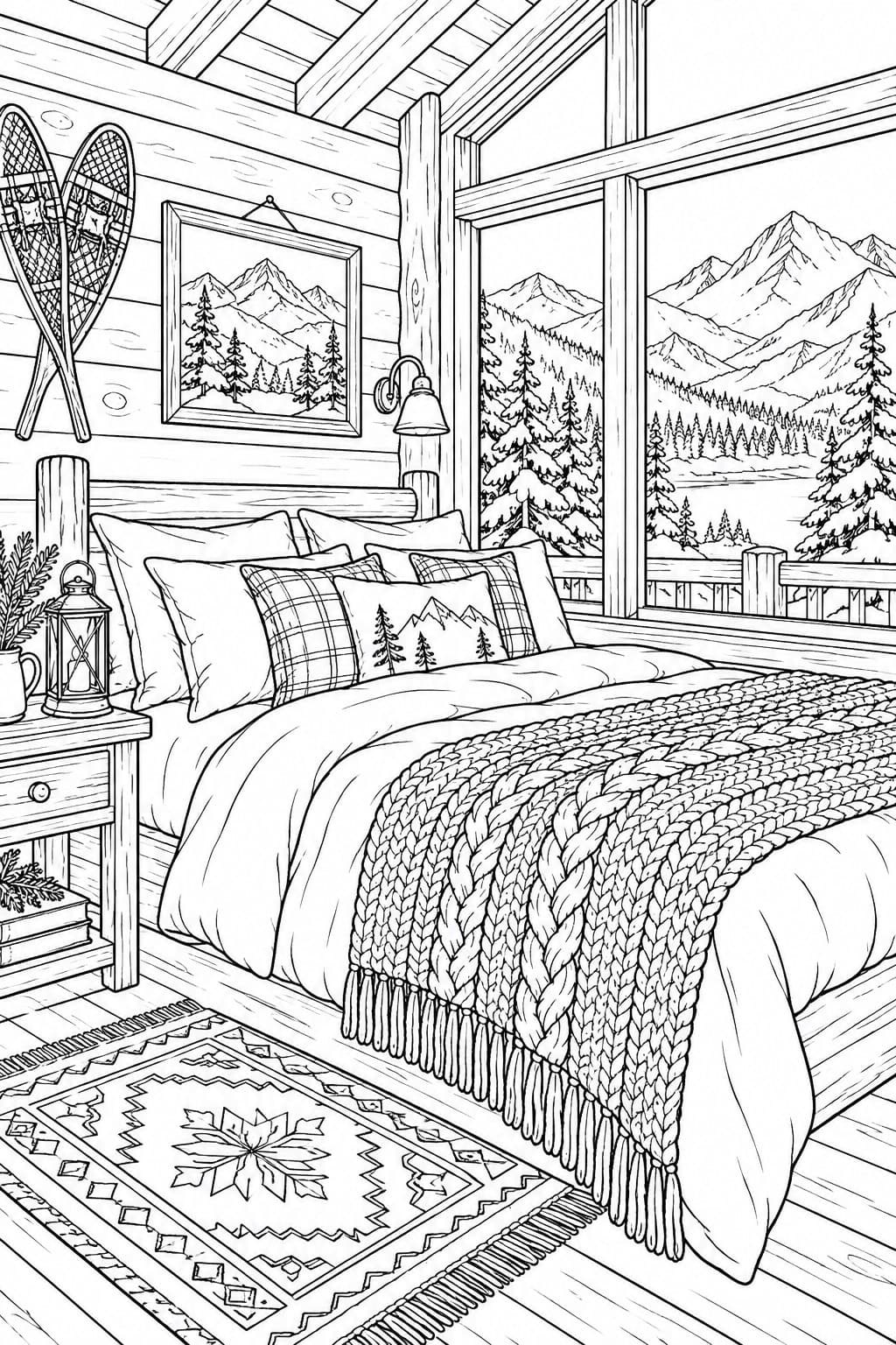 Bett in der Berghütte Ausmalbild