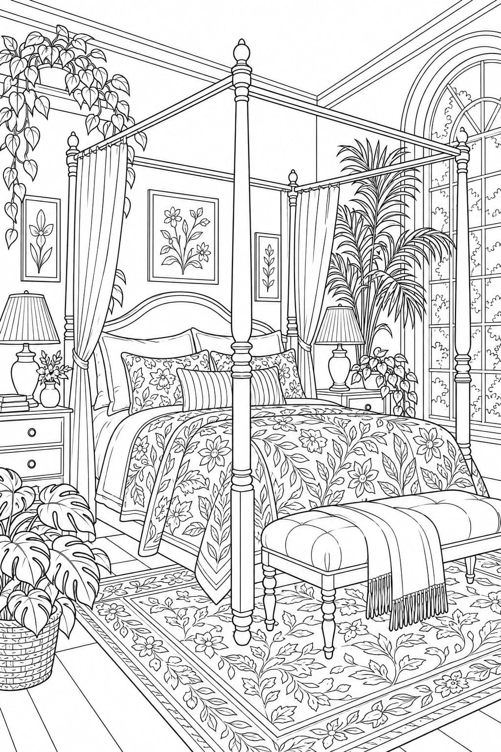 Himmelbett mit Pflanzen Ausmalbild