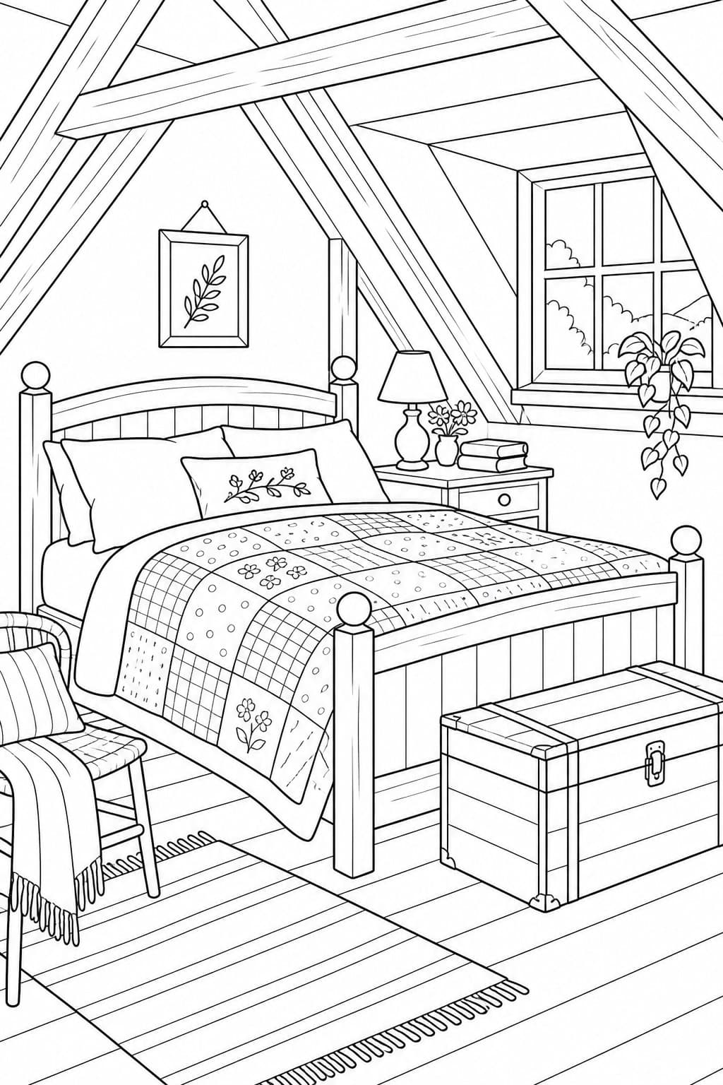 Rustikales Bett im Dachzimmer Ausmalbild