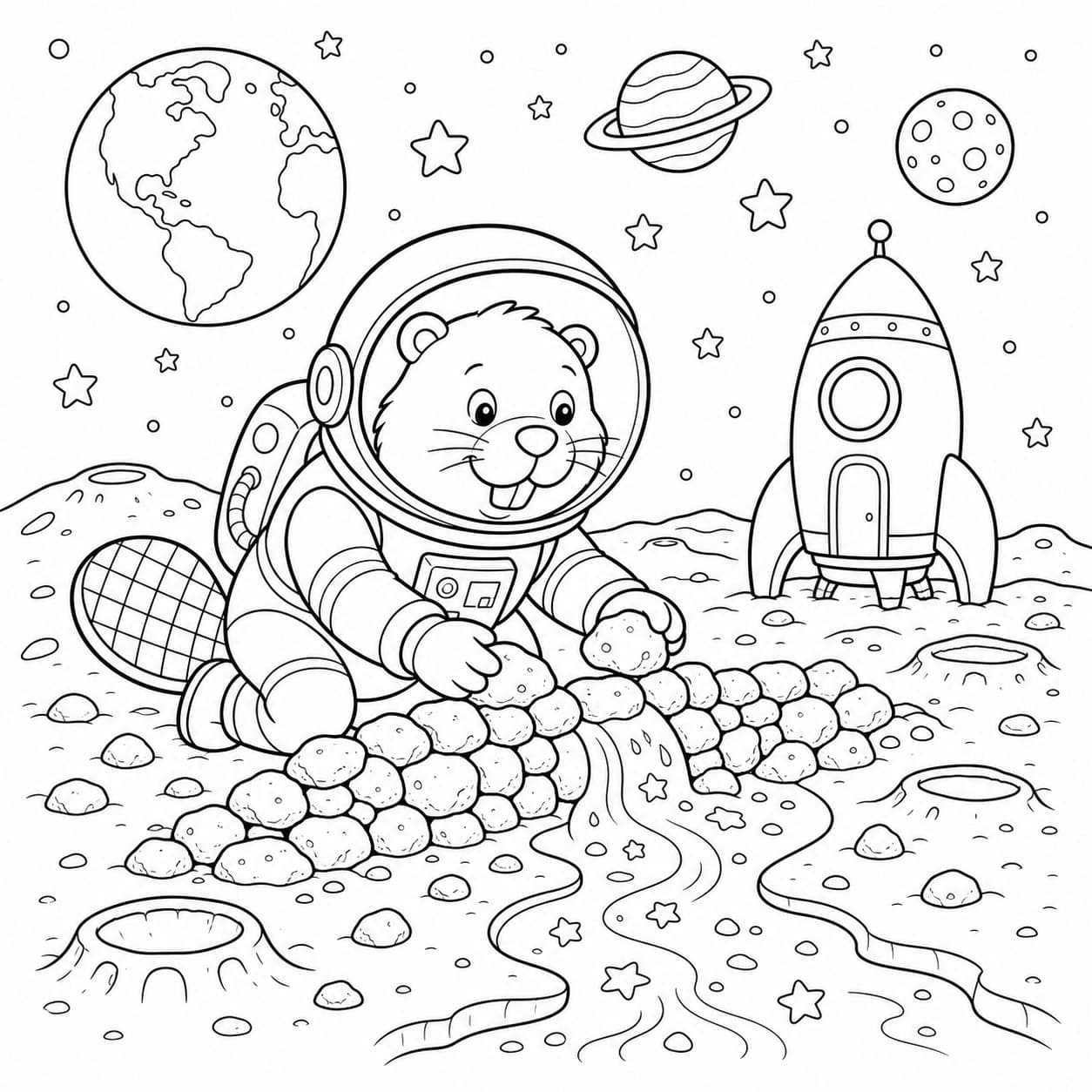 Astronauten Biber am Mondstaudamm Ausmalbild