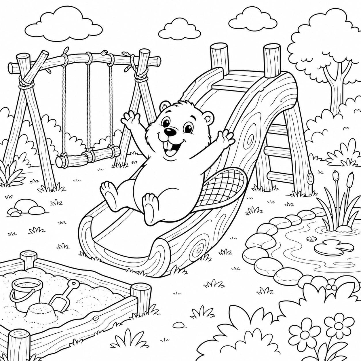 Biber auf dem Spielplatz Ausmalbild