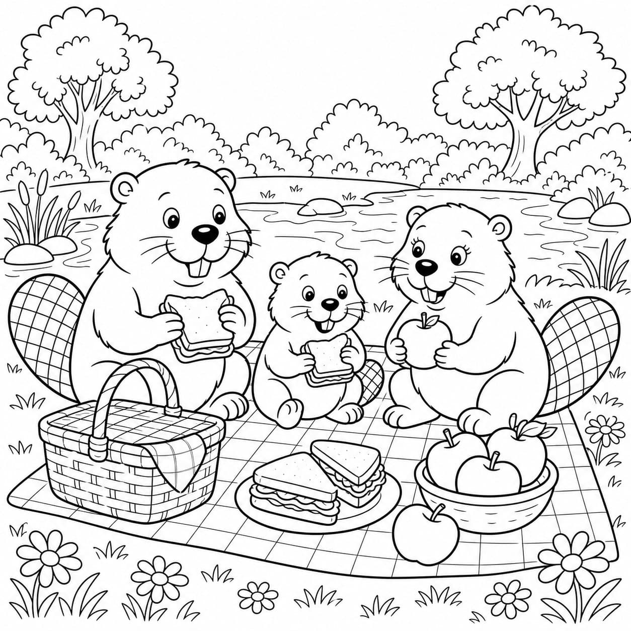 Biber beim Picknick Ausmalbild