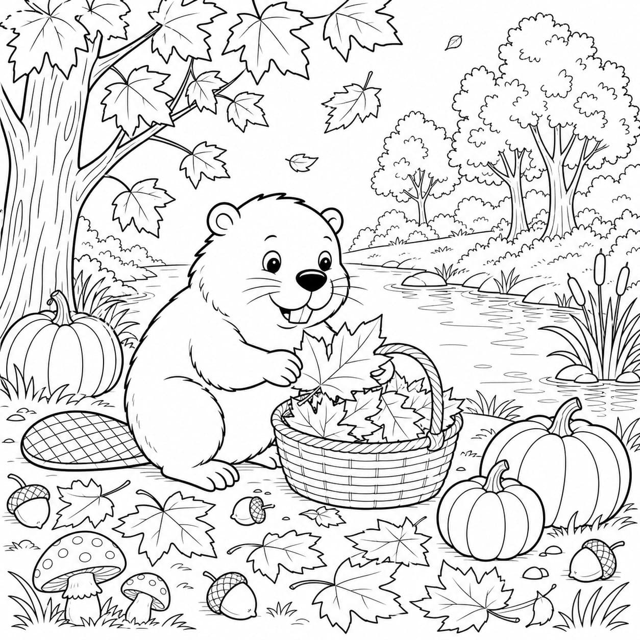 Biber im Herbst Ausmalbild