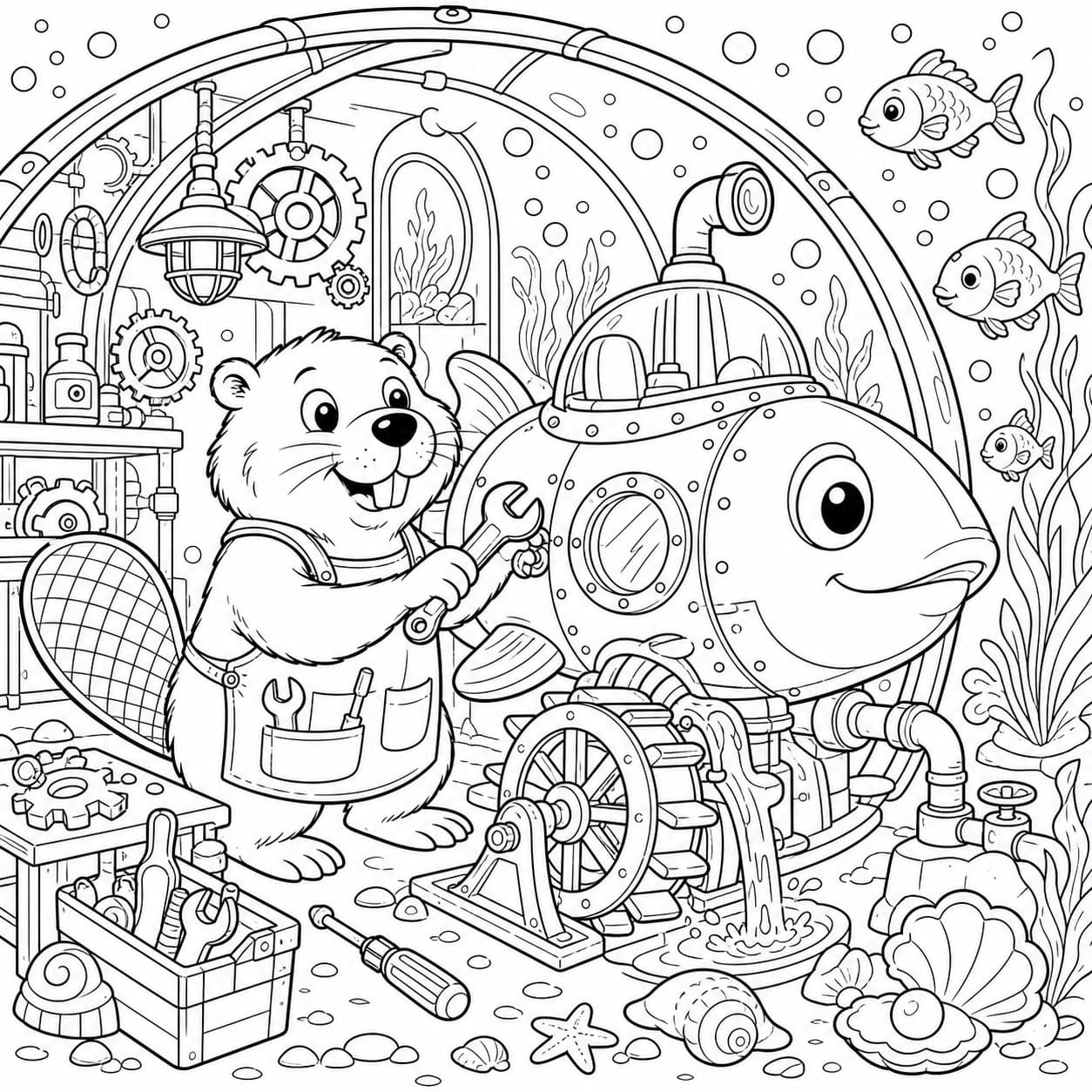 Biber in der Unterwasserwerkstatt Ausmalbild