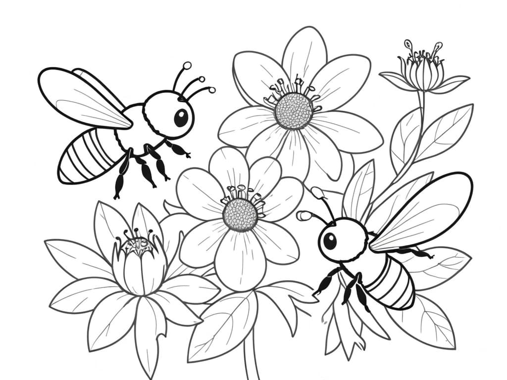 Bienen auf Blumen Ausmalbild