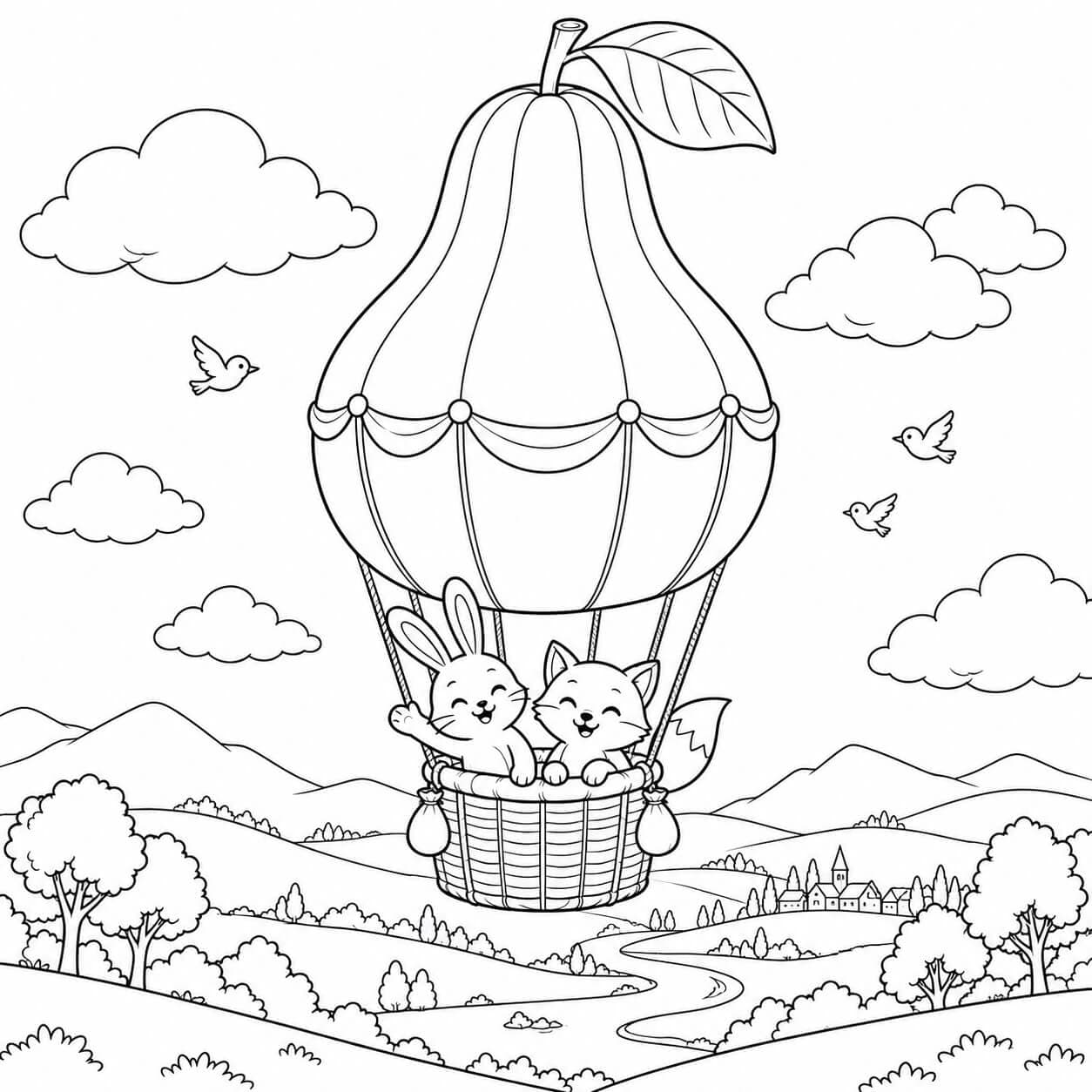 Birnen-Heißluftballon mit Tieren Ausmalbild
