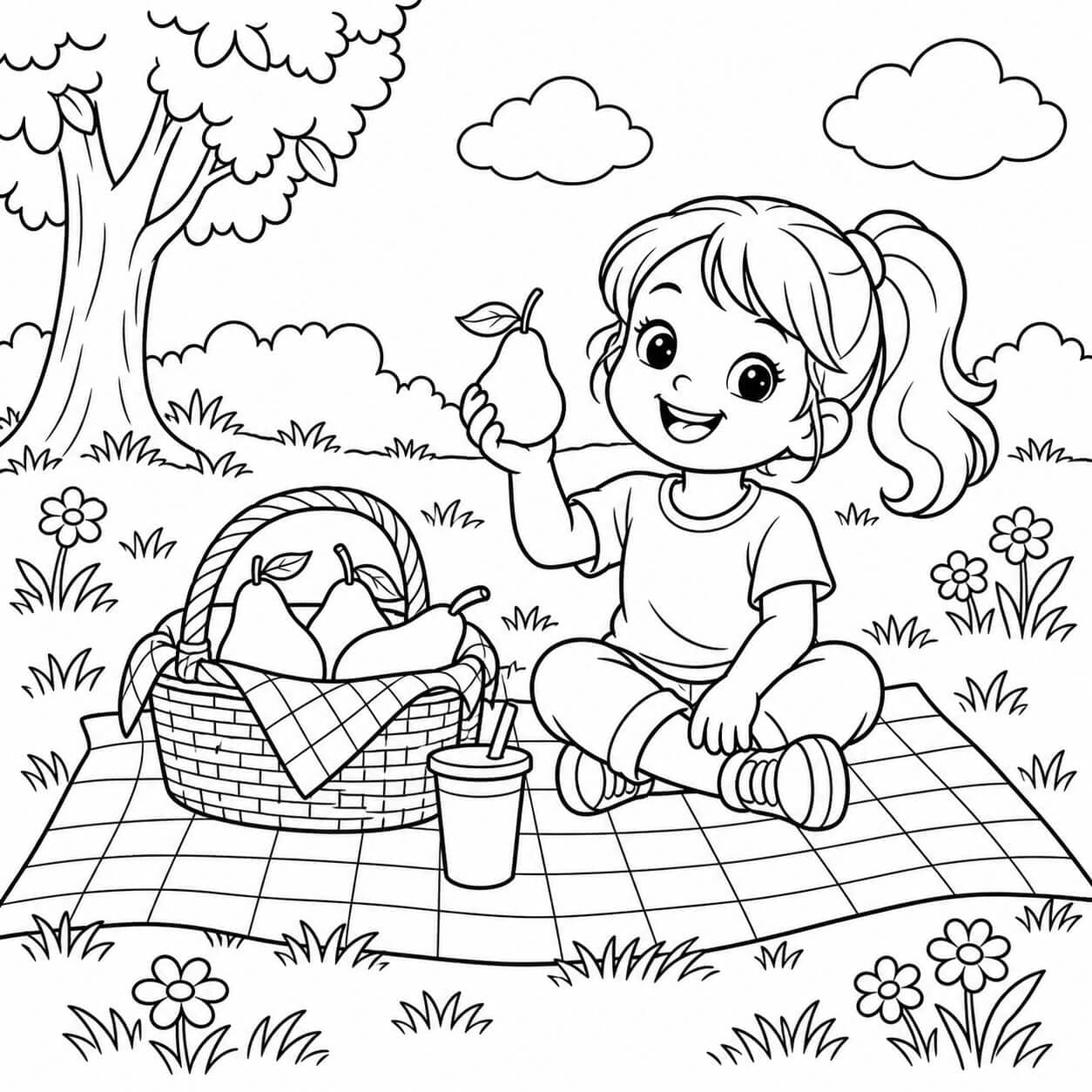 Kind mit Birne beim Picknick Ausmalbild